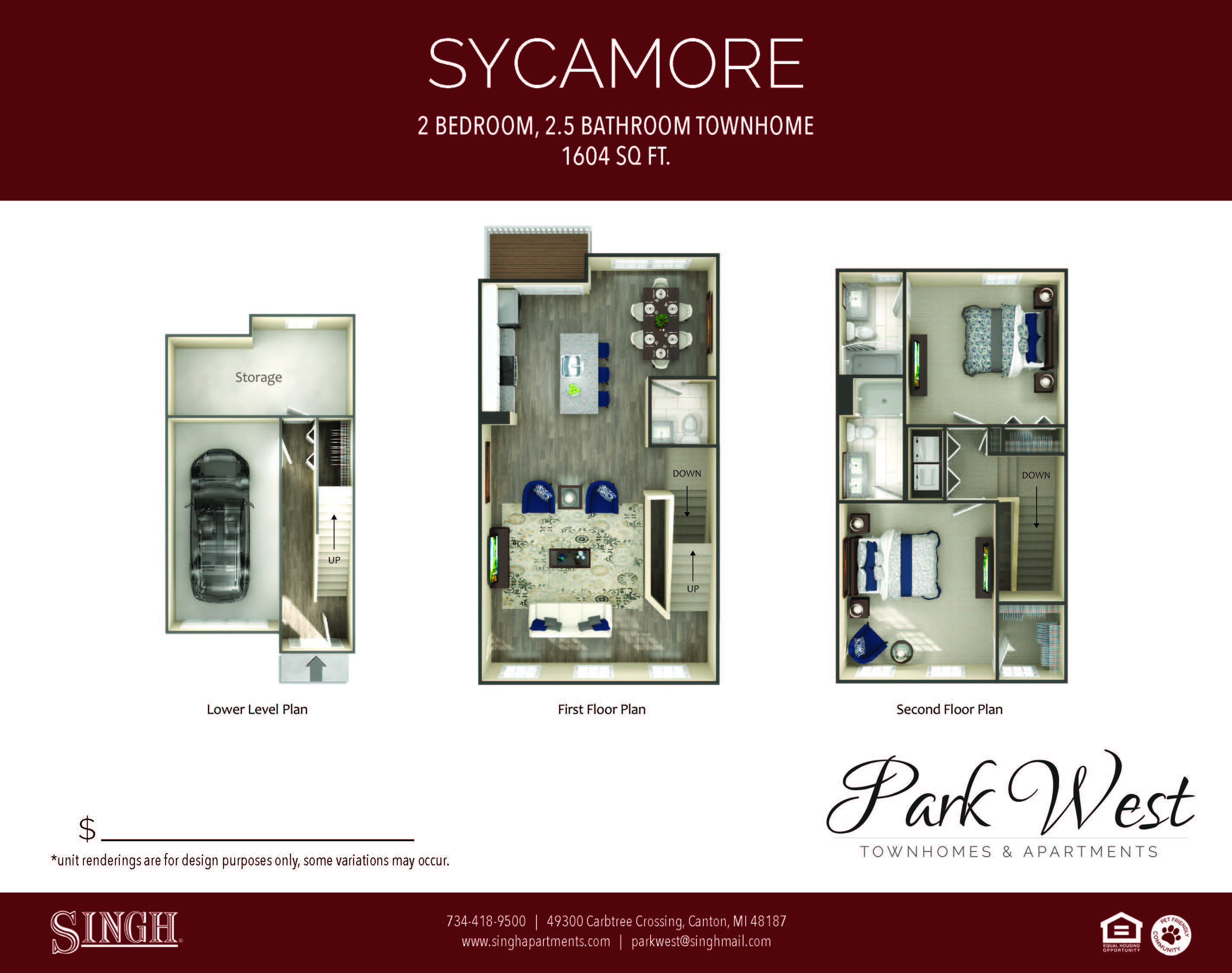 Floor plan for 2 beds, 2.5 baths, 1604 sqft